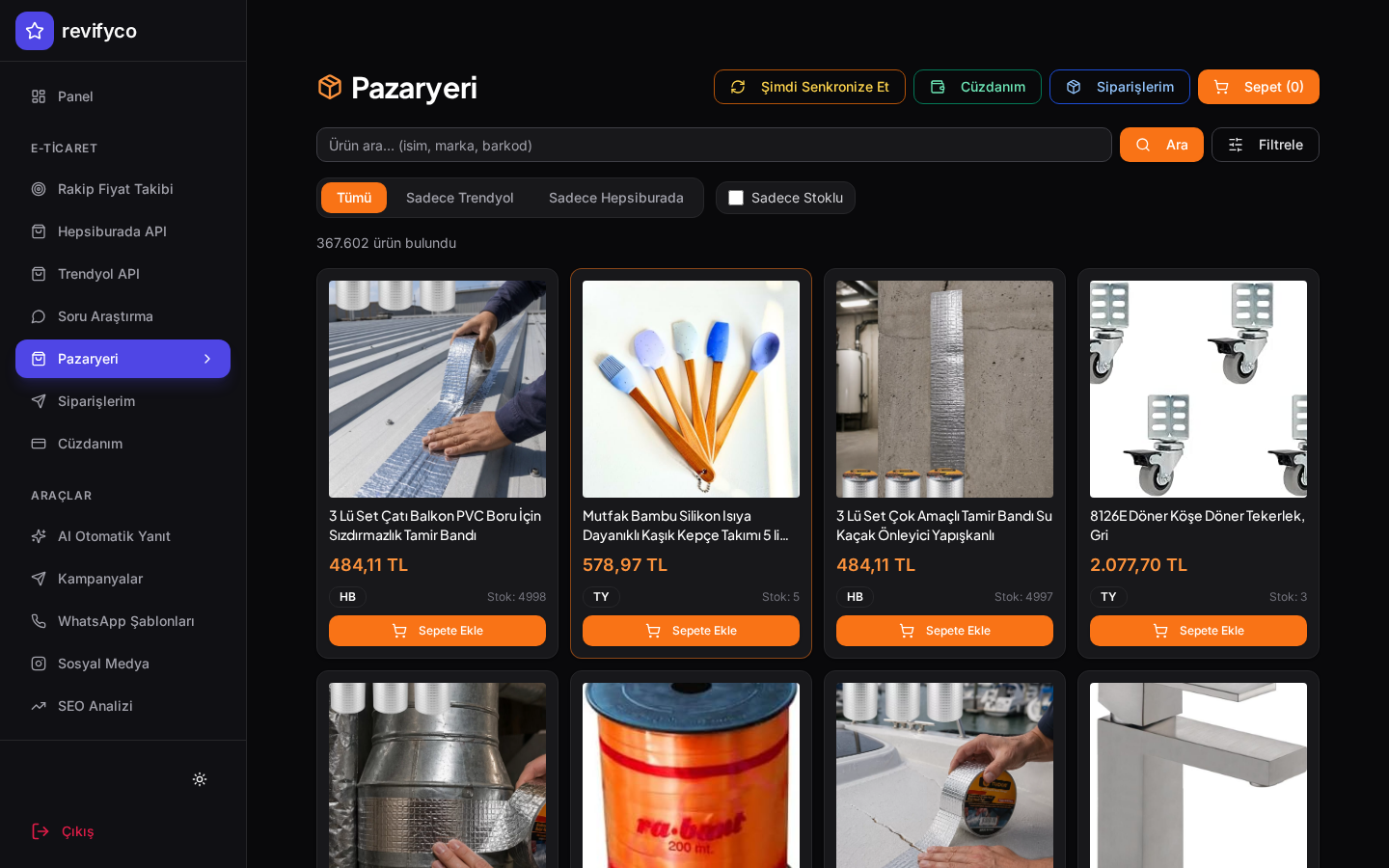 Revifyco pazaryeri — 50.000+ tedarik ürünü tek panelde
